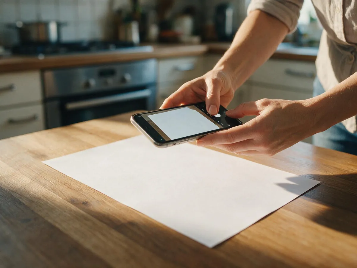 Hände fotografieren ein Dokument mit dem Smartphone auf einem Küchentisch