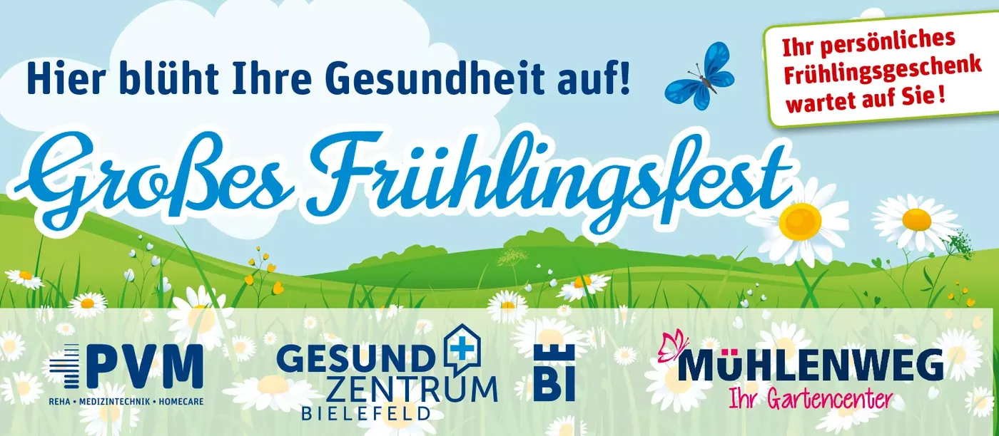 Plakat zum Frühlingsfest 2023 von PVM, GesundZentrum und Gartencenter Mühlenweg